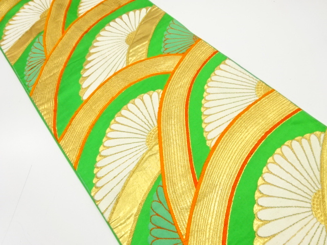JAPANESE KIMONO / ANTIQUE FUKURO OBI / SILK / WOVEN ABSTRACT WAVE & KIKU